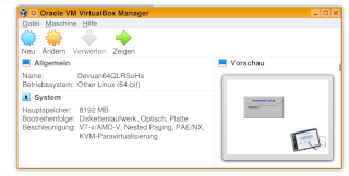QLR-Server in VirtualBox Control Panel and Preview